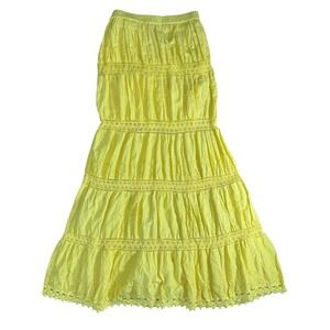 Vintage Tiered Maxi Skirt Crochet Lace Sequin Embroidery M Butter Yellow Fairy